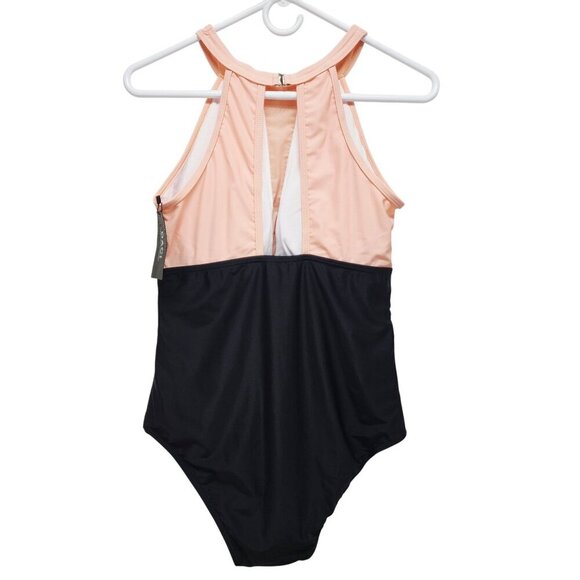 Halter Neck Color Block black pink One-Piece Swimsuit  Back Closure Size 12W - Picture 9 of 9